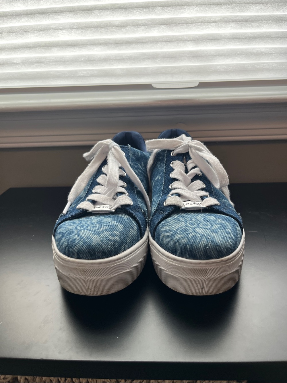 Nine West Denim Floral Lace-Up Sneakers in Blue and White